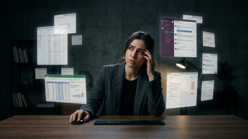 workflow bị phân mảnh khi team dùng nhiều công cụ rời rạc gây context switching và giảm hiệu suất làm việc