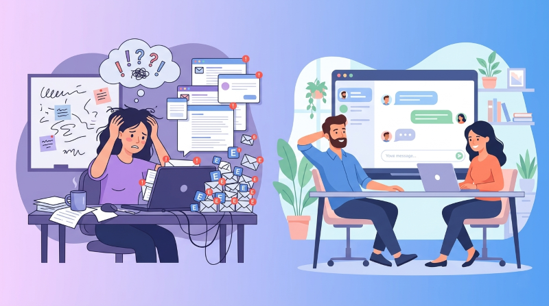 So sánh email quá tải và làm việc trong chat giúp giao tiếp nhanh và giảm gián đoạn