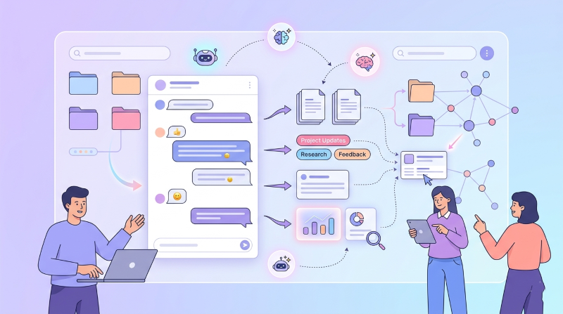 ? Prompt: Làm việc trong chat & quản trị tri thức  Prompt:  A modern flat design illustration, 16:9 aspect ratio, soft gradient background (light purple to blue).  Show a central chat interface transforming into a knowledge hub. Inside the chat, visualize conversation messages turning into structured knowledge elements such as organized documents, tags, summaries, and searchable insights.  Include subtle AI elements like glowing icons or smart assistant symbols helping to summarize and categorize information.  Around the chat, show a clean knowledge system (folders, search icons, connected nodes) to represent stored and reusable knowledge.  2–3 professionals interacting with the system, easily retrieving information from past conversations.  Emphasize transformation from raw chat → structured knowledge → intelligent retrieval.  Style: flat illustration, modern SaaS style, pastel gradient colors (purple, blue, pink, orange), minimalistic UI, rounded shapes, soft shadows, clean vector, friendly characters, no text, no watermark, high resolution, 16:9  ? Caption  Hội thoại trở thành tài sản tri thức doanh nghiệp  ? Alt description  Làm việc trong chat giúp chuyển hội thoại thành tri thức có thể tìm kiếm và khai thác hiệu quả