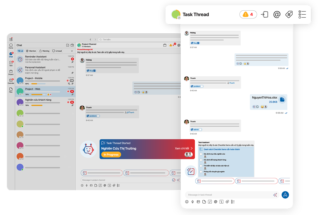 Giao diện Chatask minh họa cách chat và task thread được kết nối trong cùng một workspace, giúp team tạo task trực tiếp từ chat và theo dõi công việc đúng bối cảnh.