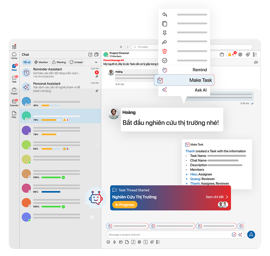 Tính năng tạo task từ tin nhắn trong Chatask, cho phép chuyển hội thoại chat thành task gắn với project và giữ nguyên ngữ cảnh trao đổi.