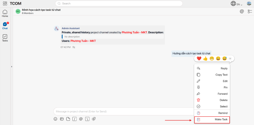 Hướng dẫn tạo task từ chat trong chatask 