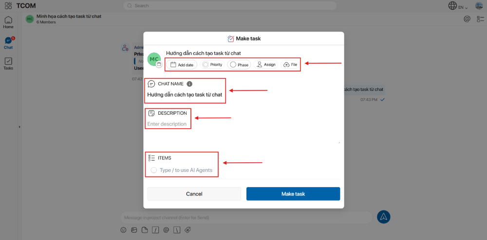 Hướng dẫn tạo task từ chatask