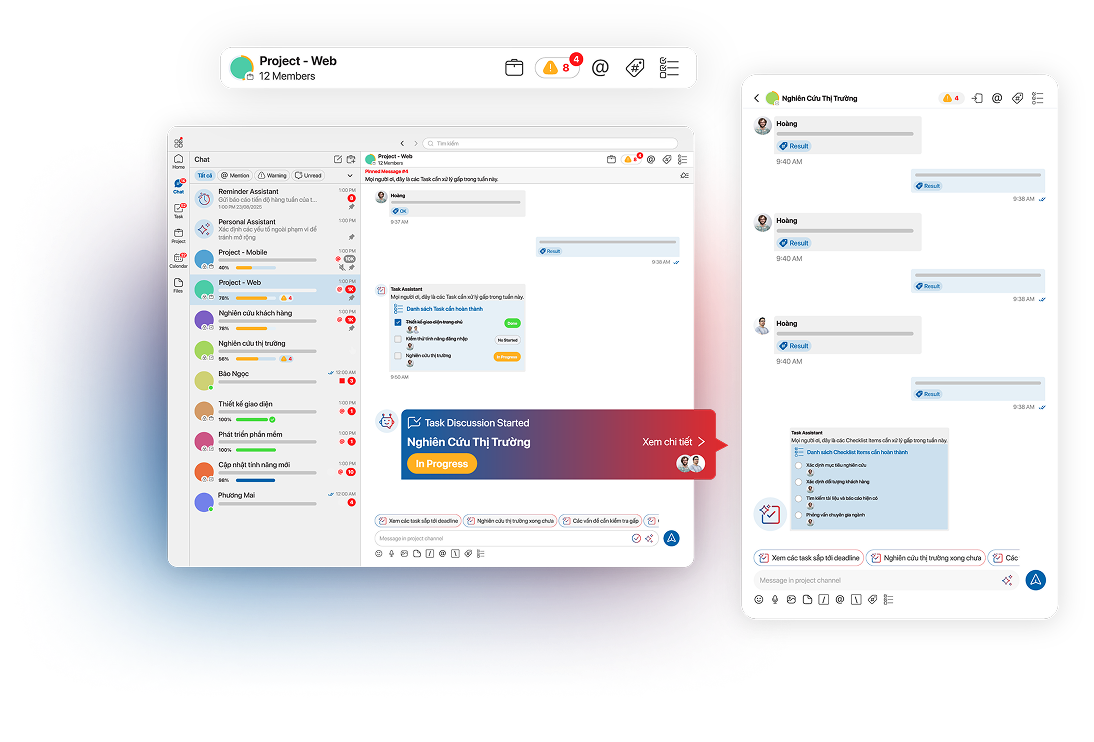 Giao diện Chatask hiển thị task được tạo từ chat và gắn đúng Project Channel, giúp giữ nguyên ngữ cảnh và theo dõi công việc rõ ràng.