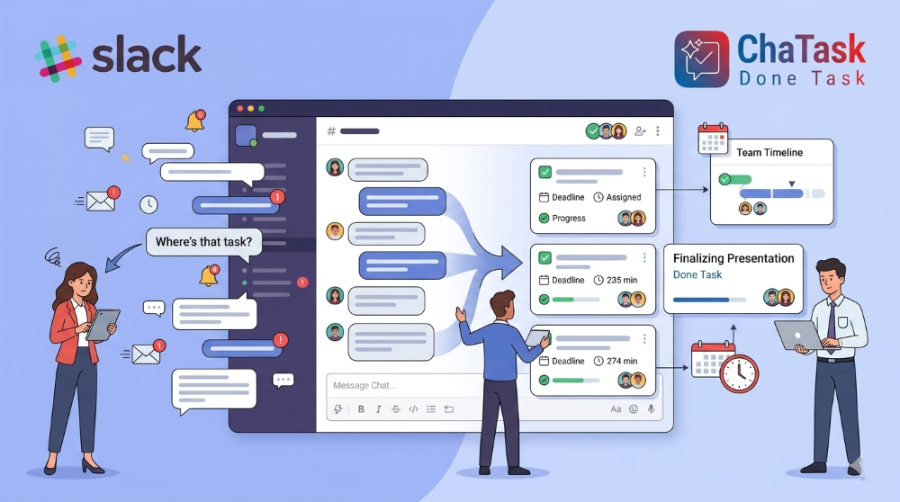 Minh họa sự khác biệt giữa quản lý workflow bằng chat rời rạc và hệ thống gắn chat với task, giúp theo dõi tiến độ hiệu quả hơn