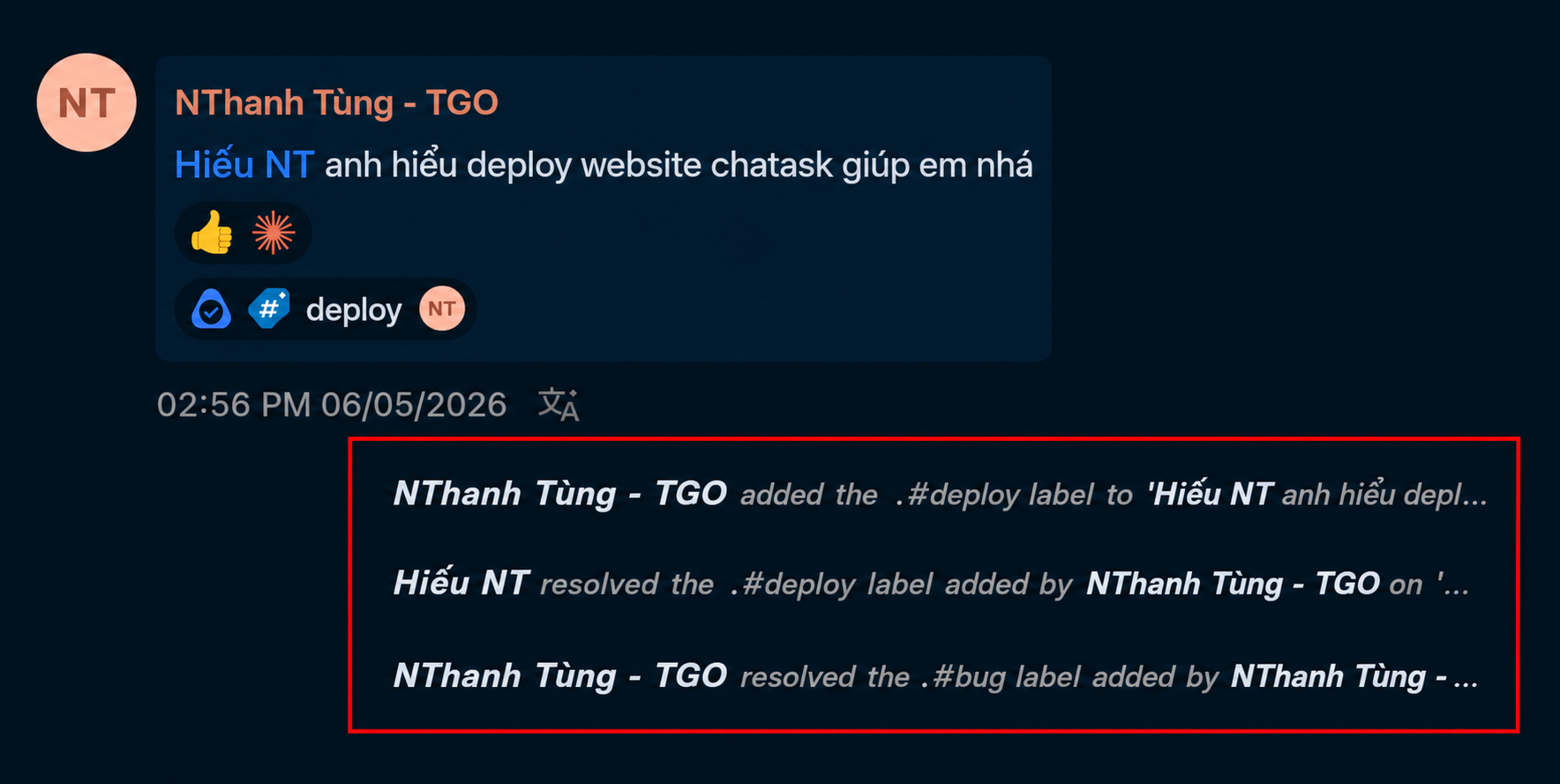 The activity history and warning labels are displayed directly in the conversation.
