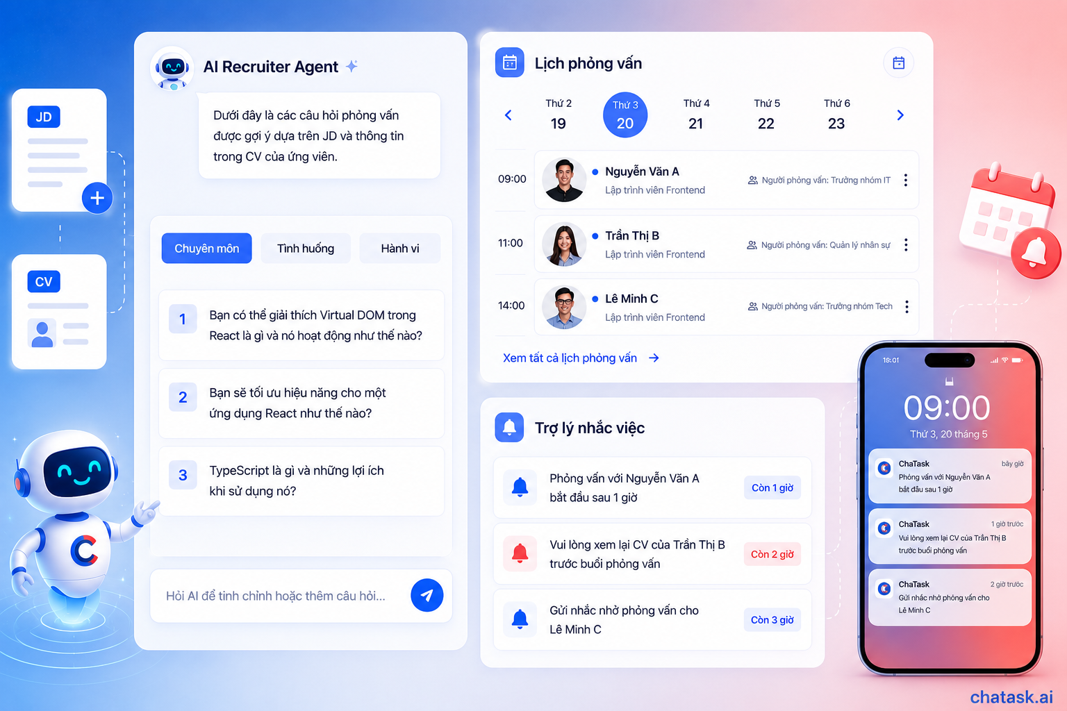 The AI ​​agent suggests questions and reminds you of interview schedules directly in the chat.